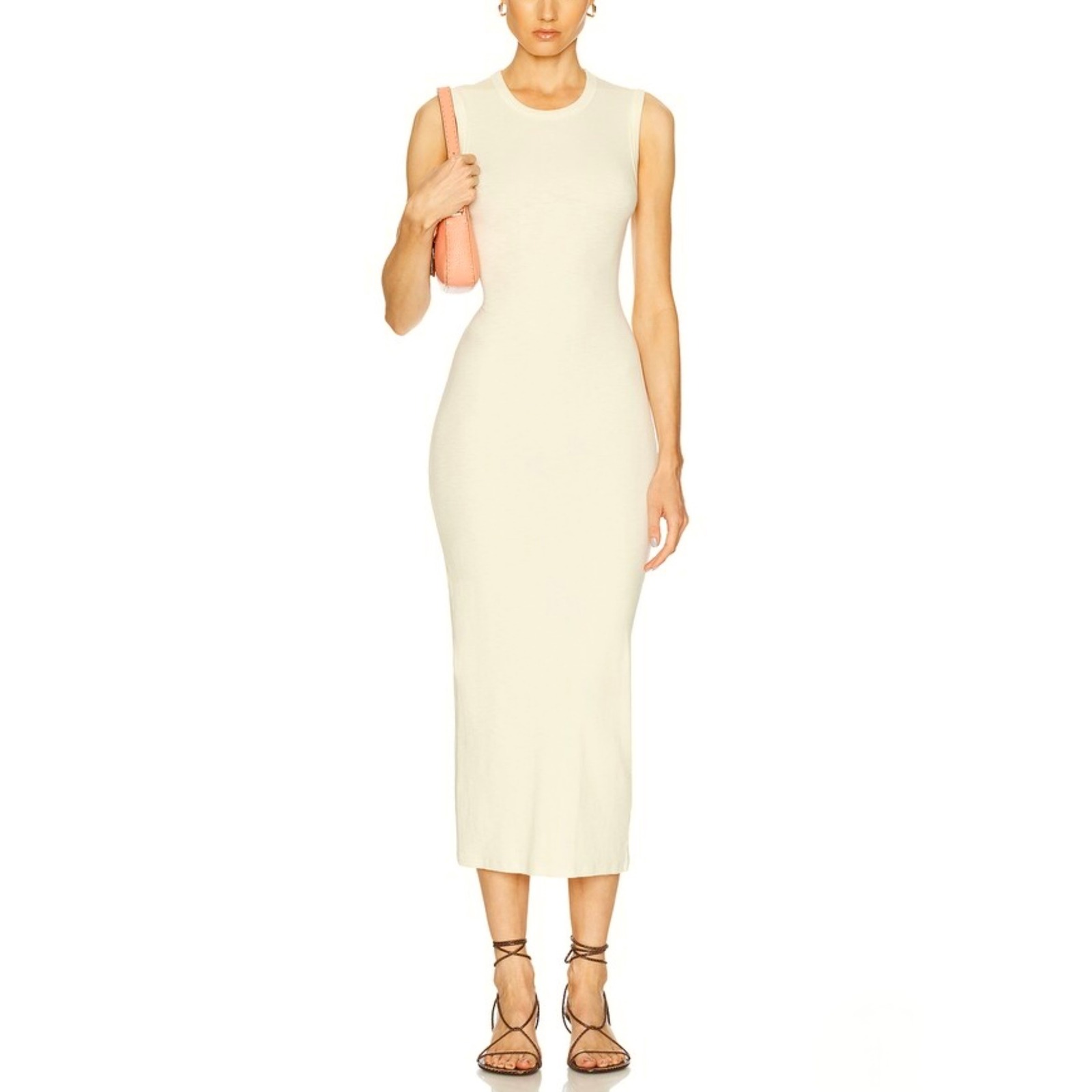 Enza Costa Textured Knit Sleeveless Maxi Dress Womens Small Cream Crew Neck New